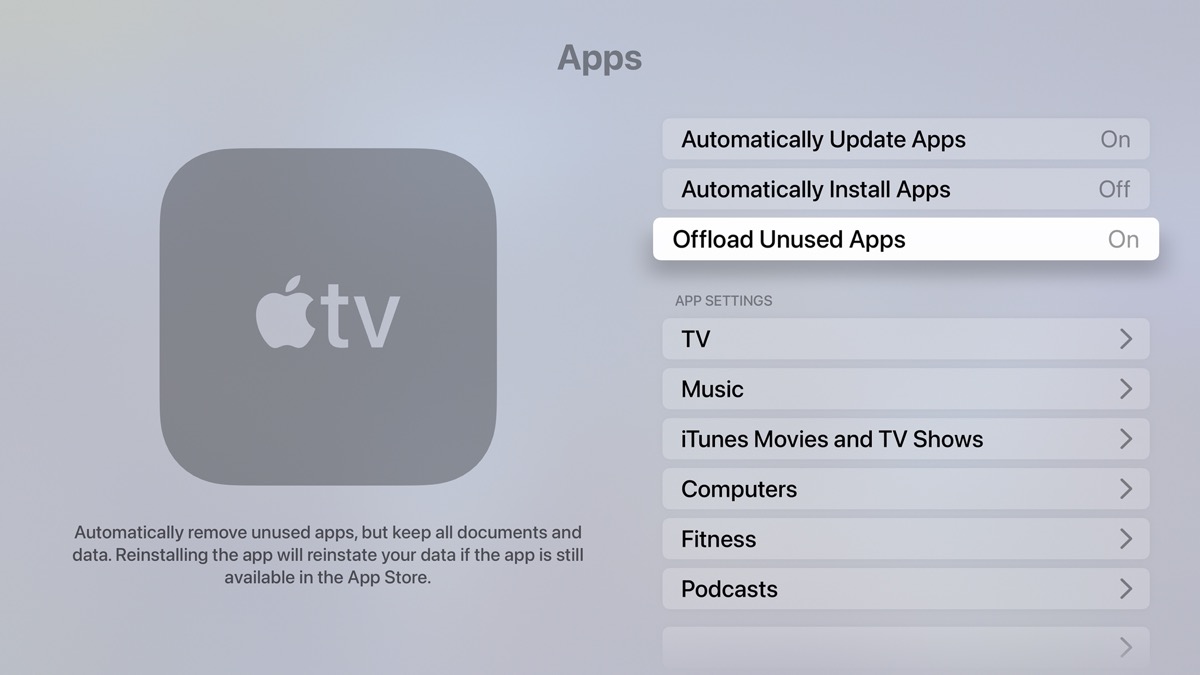 Offload apps Apple TV