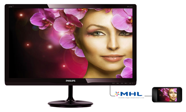 Click to enlarge Philips’ 23-inch monitor can connect to a smartphone or tablet via MHL
