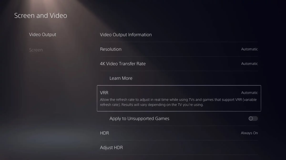 PS5 VRR menu
