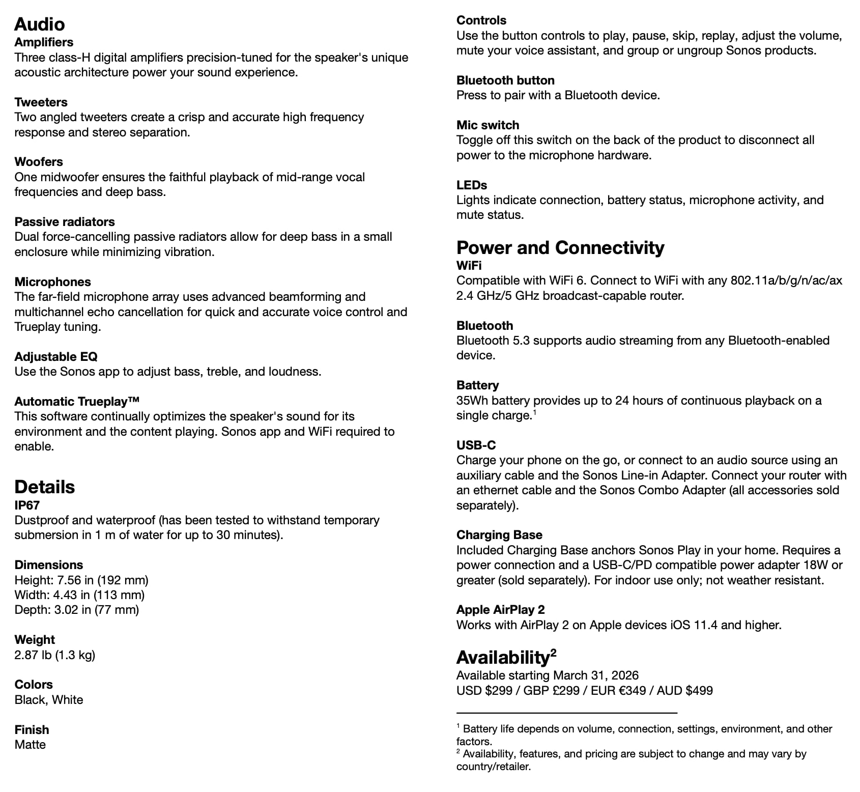Sonos Play specs Sonos Play specs