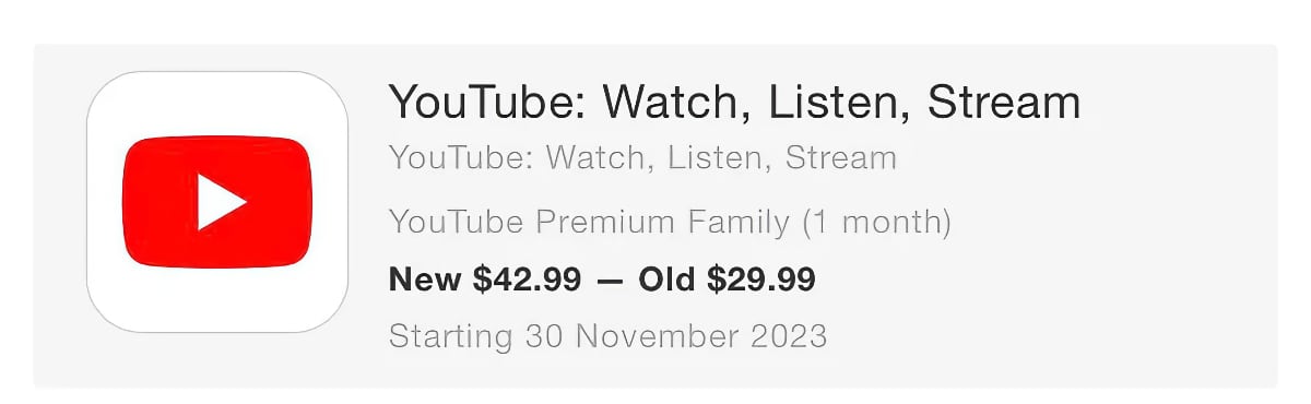 YouTube price increase